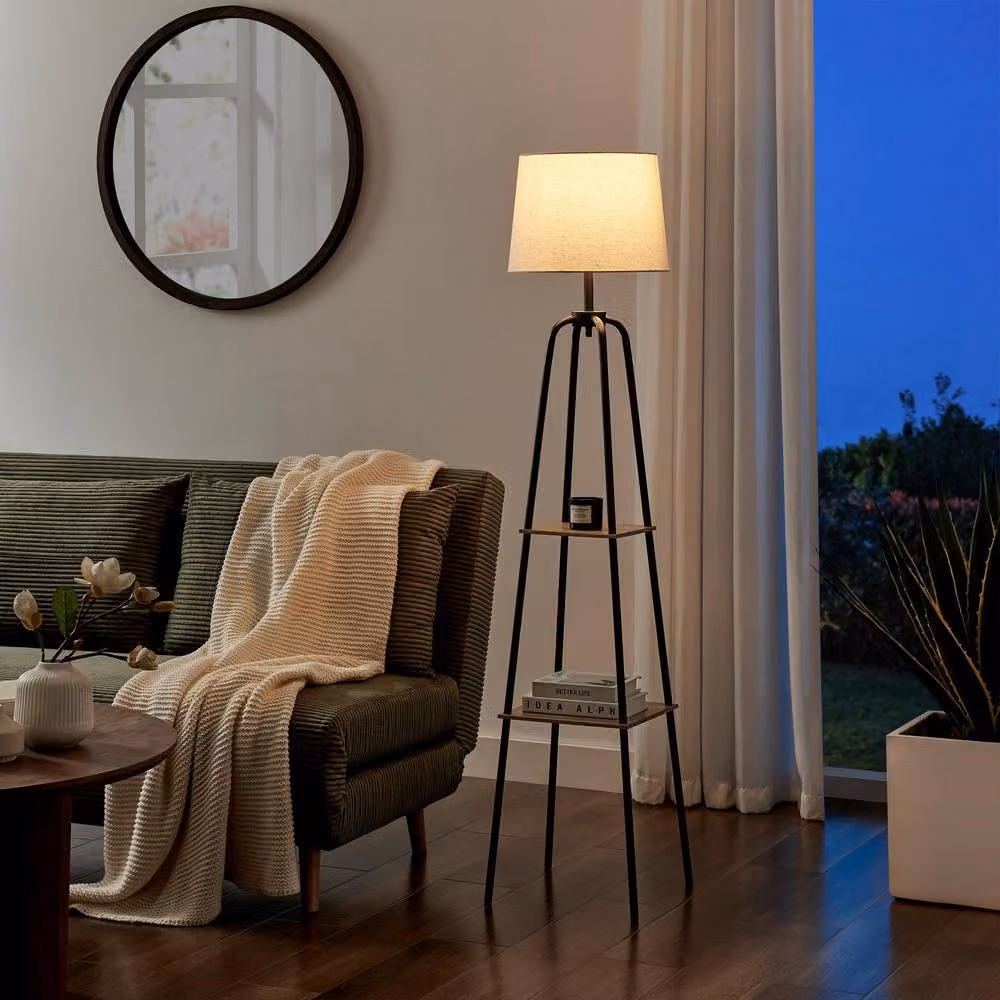 FurnitureboxUK Kessia Black Standing Floor Lamp with Shelves and Beige Fabric Shade – 2