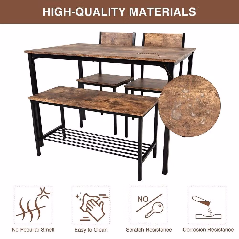 EONLION 4 Piece Compact Rectangular Dining Table Set in Brown and Black, W: 100 cm, H: 76 cm – 4
