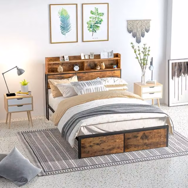 HOMCOM Industrial Bed Frame with Storage Headboard and Side Compartments, Brown and Black, W/D/H: 90 x 190 x 31.5 cm
