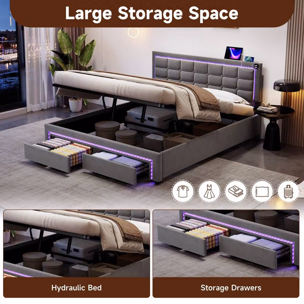 BTM Grey Velvet Double Storage Bed with LED Lighting, USB Charging Ports, Hydraulic Lift and Drawers, W/D/H: 140 x 200 cm – 4