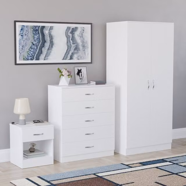 Vida Designs Riano 3 Piece Modern White Bedroom Set including Wardrobe, Chest of Drawers and Nightstand
