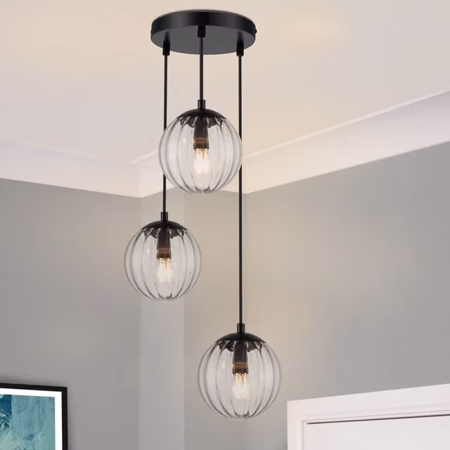 COSYLYTE Kingston 3 Light Glass Cluster Pendant Light in Matt Black and Transparent Glass
