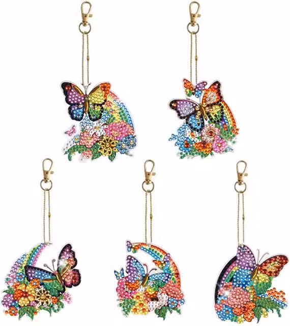 Syntego Pack of 5 Rainbow Butterfly Diamond Art Keyring Kits in Multicolour