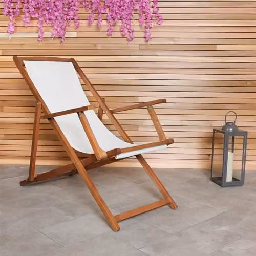 Charles Bentley FSC Eucalyptus and Acacia Wood Deck Chair with Cream Polyester Fabric, 3 Reclining Positions, W/D/H: 107 x 94 x 61 cm – 1