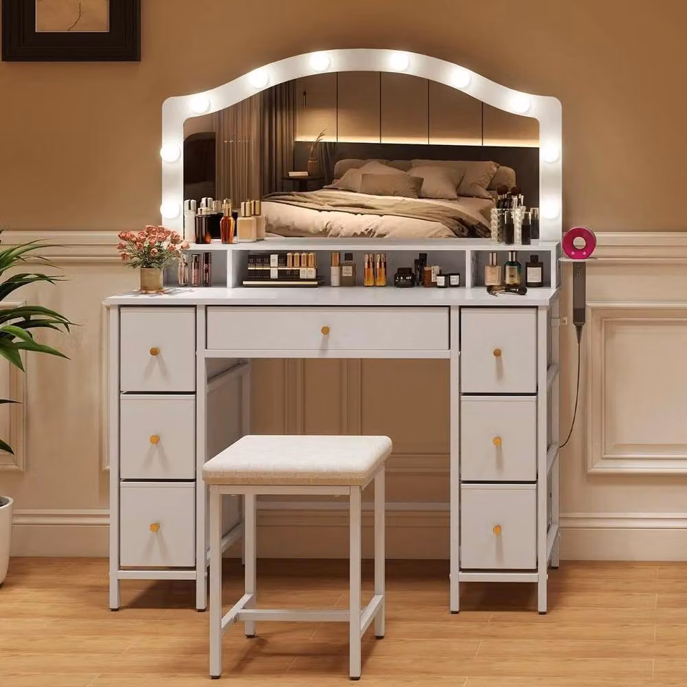 FORGEVIO Modern White Dressing Table with LED Hollywood Mirror and Stool Set – 3