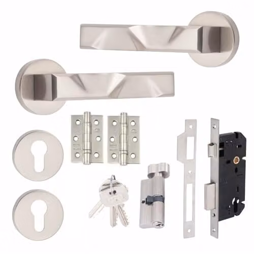 Golden Grace Nova Euro Lock Door Handles with Satin Nickel Thumbturn Lock Set in Chrome