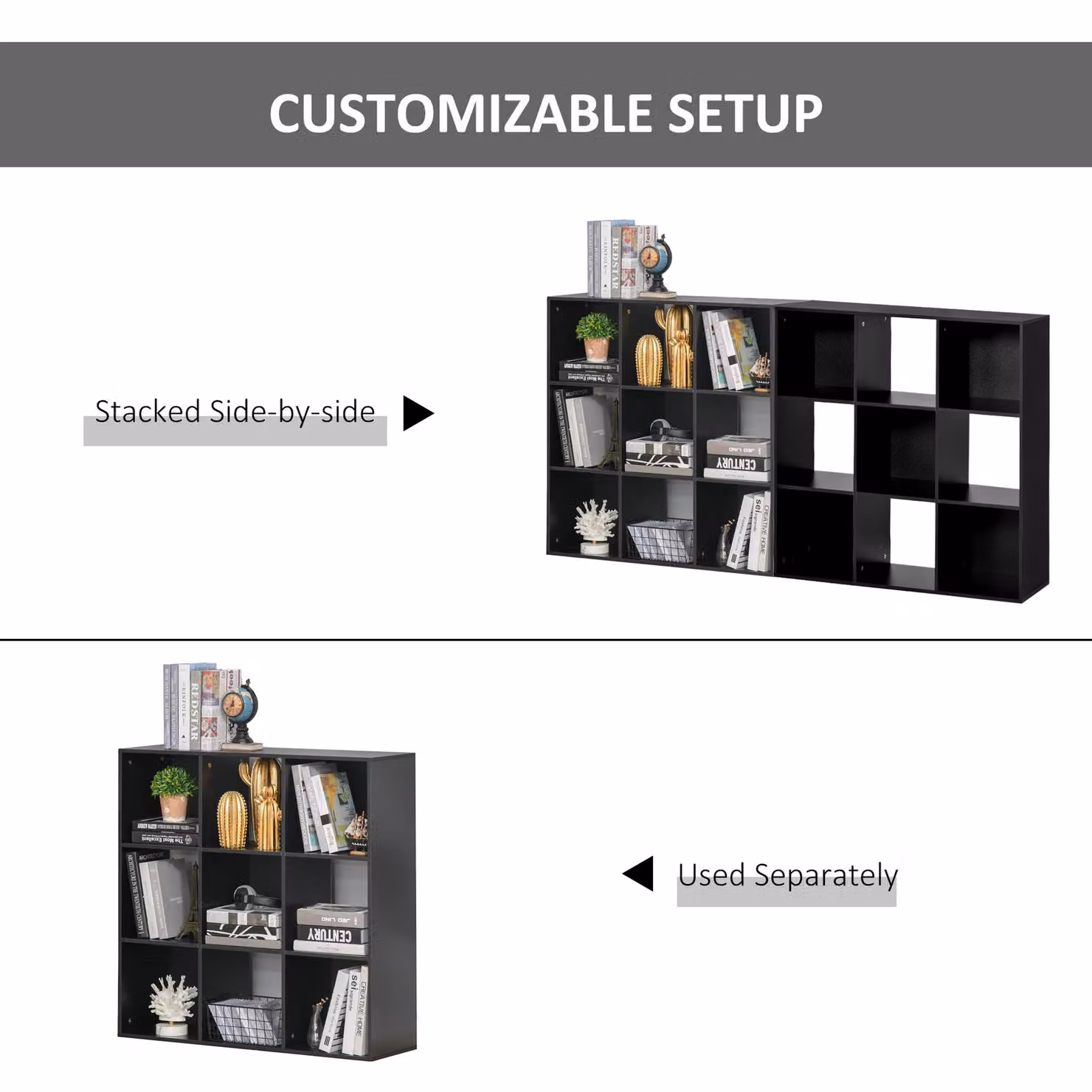 HOMCOM 3-Tier 9-Cube Storage Unit and Bookcase Organiser in Black MDF – 4