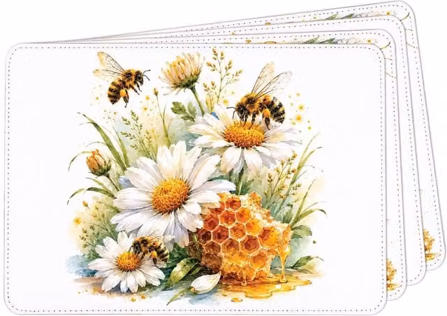 Purely Home Floral Bees Faux Leather Placemats, Set of 4, Yellow and White