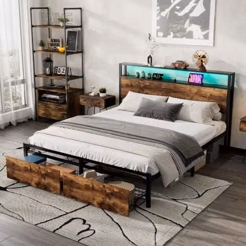 Matteo Black Metal Double Bed with LED Light Strip, 2 Drawers and USB Charging Ports, 140 x 200 cm – 1