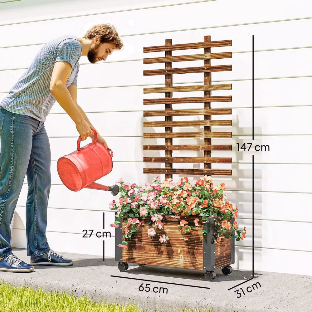 KORVIXA Wooden Raised Garden Bed with Trellis in Brown, W/D/H: 128 x 65 x 31 cm – 2