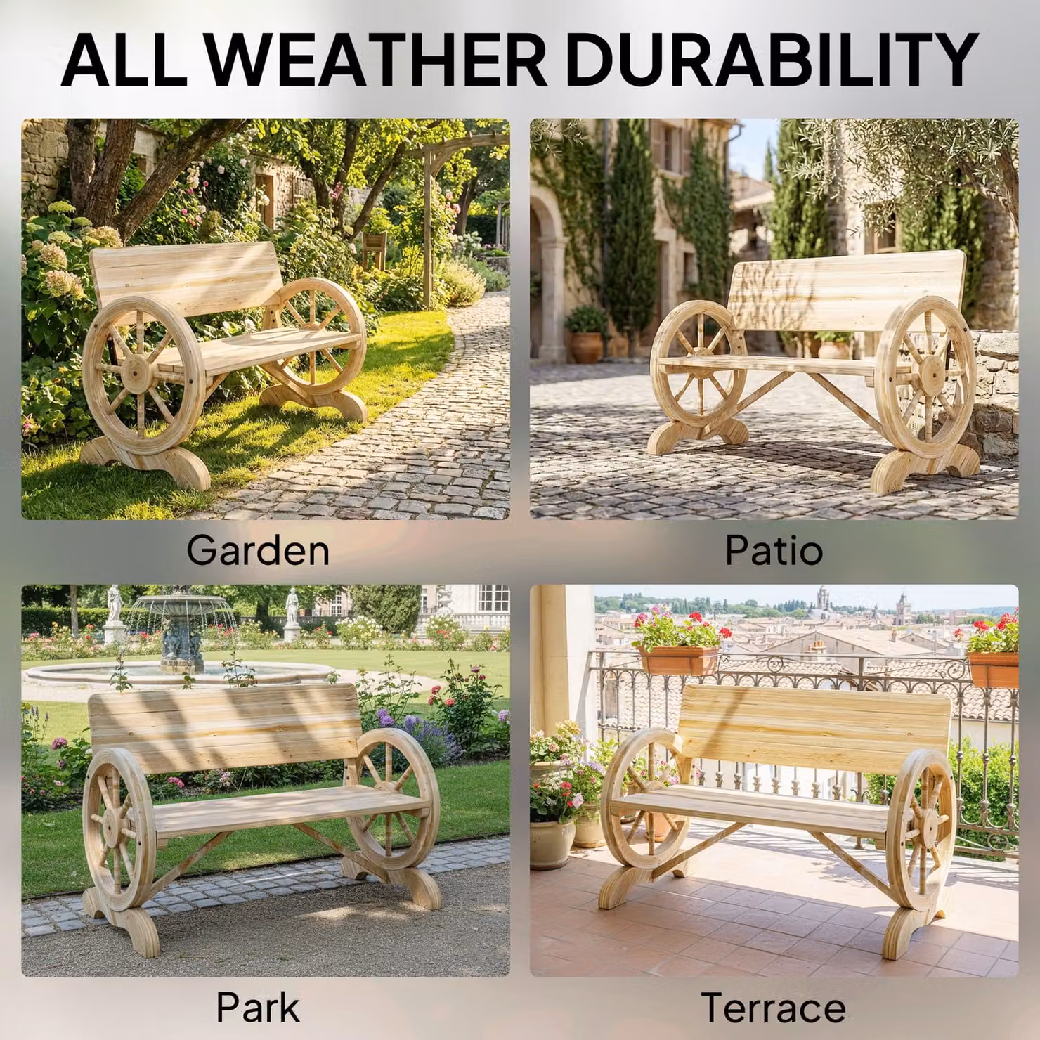 Outsunny 2-Seater Outdoor Garden Wagon Wheel Bench in Brown Rustic Wood Finish – 5