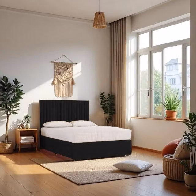 Knight Sleep Emily No Draw Divan Bed Base with Headboard in Black Plush Velvet, Super King, W: 200 cm x D: 200 cm
