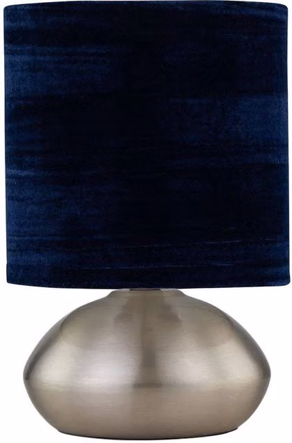First Choice Lighting Jenson Dimmable Touch Table Lamp with Blue Fabric Shade in Brushed Chrome and Silver – 1