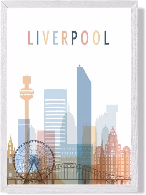 ARTZE Liverpool Colourful City Skyline Framed Print in Pale Blue and White