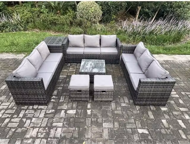 Fimous 11 Seater U-Shape Rattan Garden Furniture Set in Grey with Upholstered Cushions