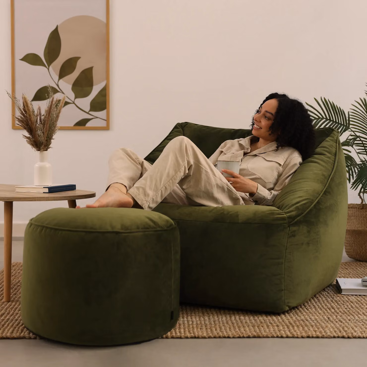 icon Natalia Velvet Adults Bean Bag Armchair and Pouffe Set in Dusk Pink and Olive Green – 2