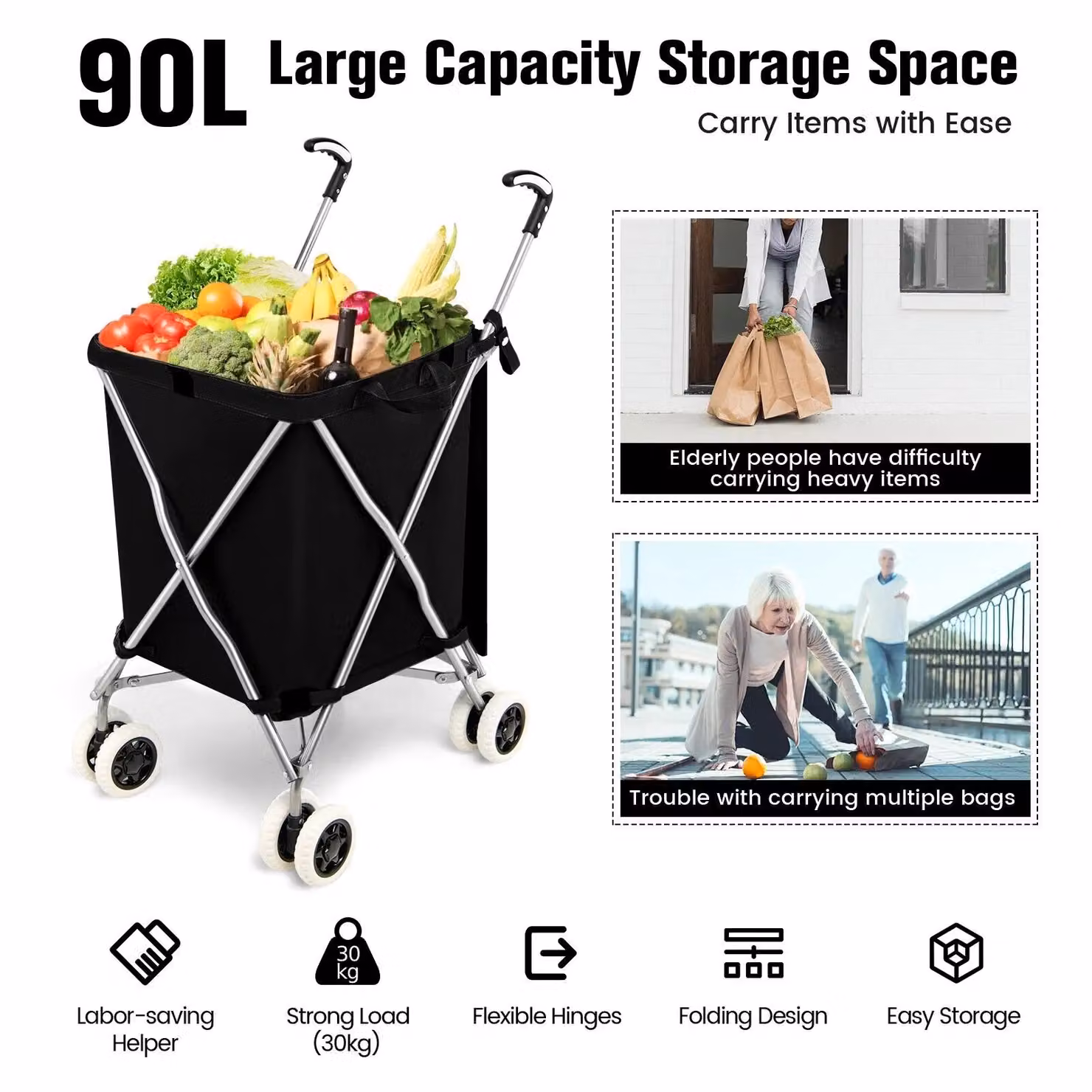 Gymax 90L Folding Waterproof Grocery and Utility Shopping Cart in Black – 6