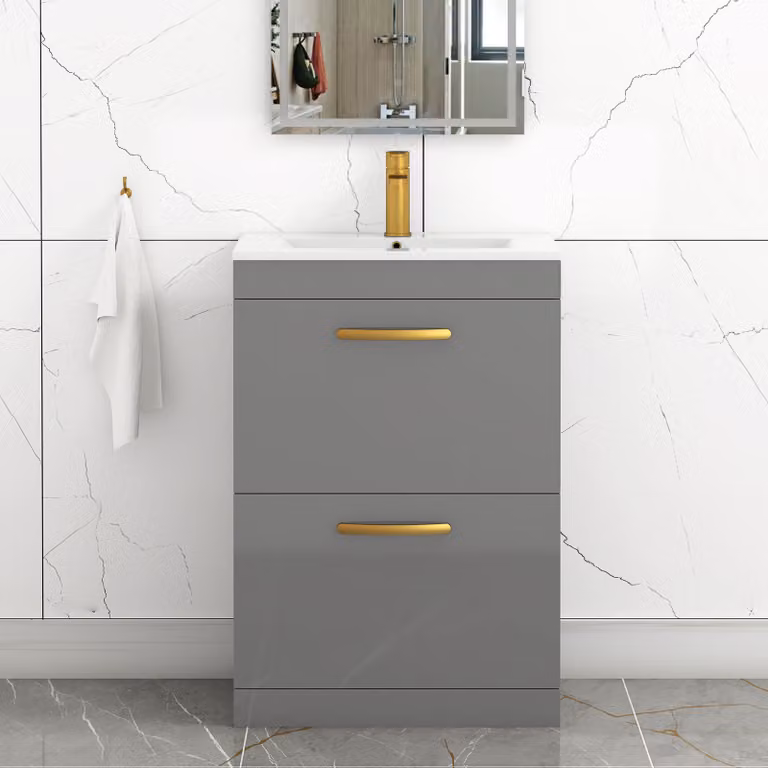 Royal Bathrooms Turin 600mm Floor Standing 2 Drawer Minimalist Vanity Unit in Indigo Grey Gloss with Brushed Brass Handles