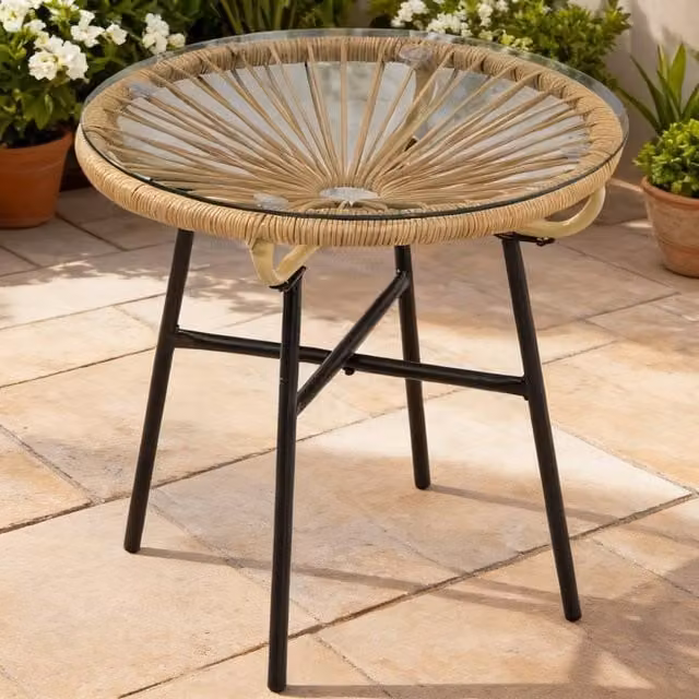ERGOVEXA Modern Beige Polyrattan Garden Side Table with Glass Top