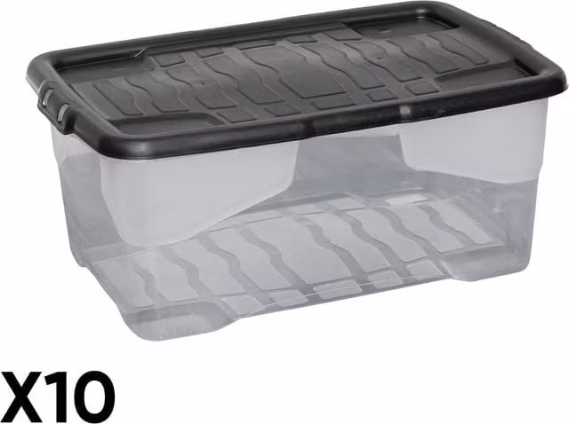 Samuel Alexander 10 x 42L Clear and Black Stackable Storage Boxes with Lids