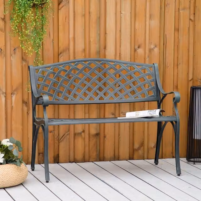 Outsunny Cast Aluminium 2 Seater Outdoor Garden Bench in Green