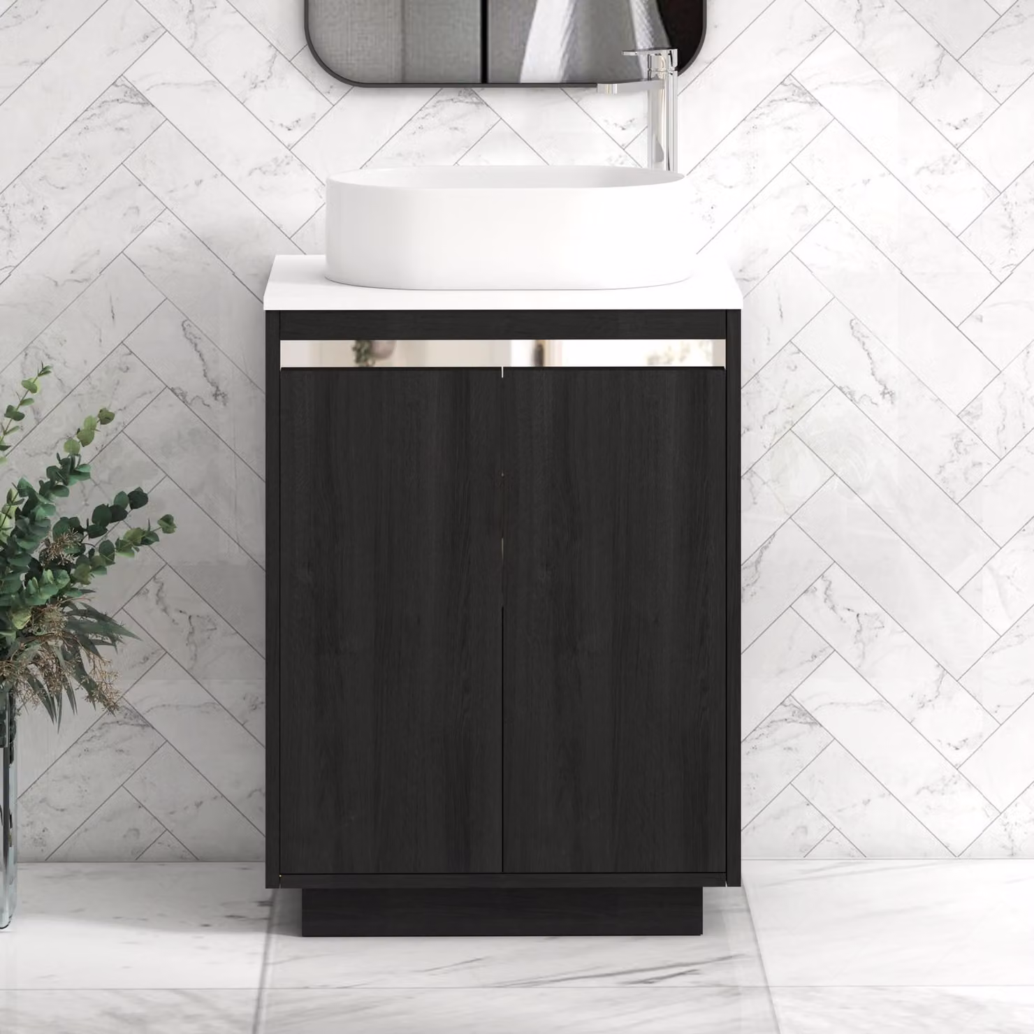 Royal Bathrooms Orion 600mm Hale Black and White Floor Standing 2 Door Vanity Unit with Peak Basin and Chrome Accent Trim