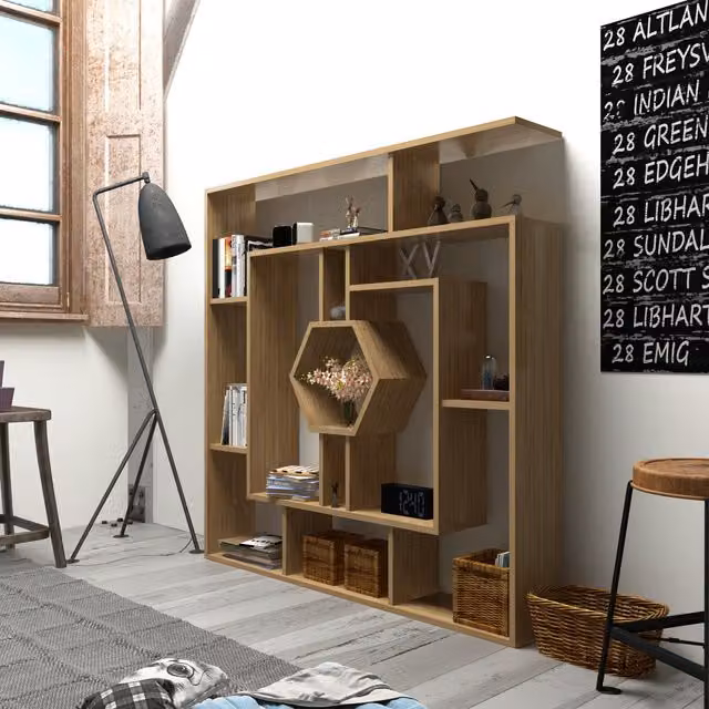 Labrina Modern Geometric Wall Mounted Bookshelf in Brown and Yellow Wood, H 134.0 x W 31.8 x D 23.0 cm