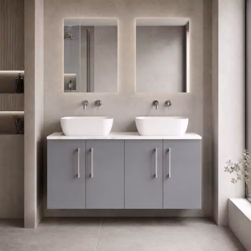 Balterley Wall Hung Grey Bathroom Vanity Unit with 4 Soft Close Doors and Rectangular Laminated Worktop, W/D/H: 120.5 x 39.0 x 56.2 cm – 2