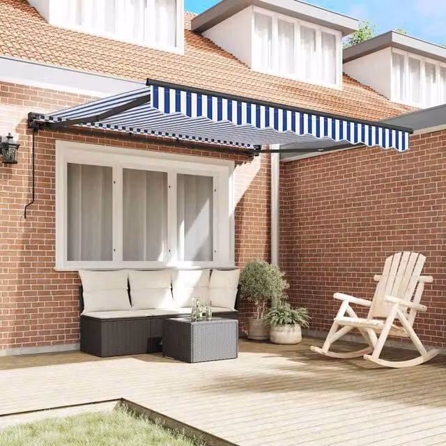 Berkfield Home Manual Retractable Awning in Blue and White, W: 300 cm, D: 250 cm