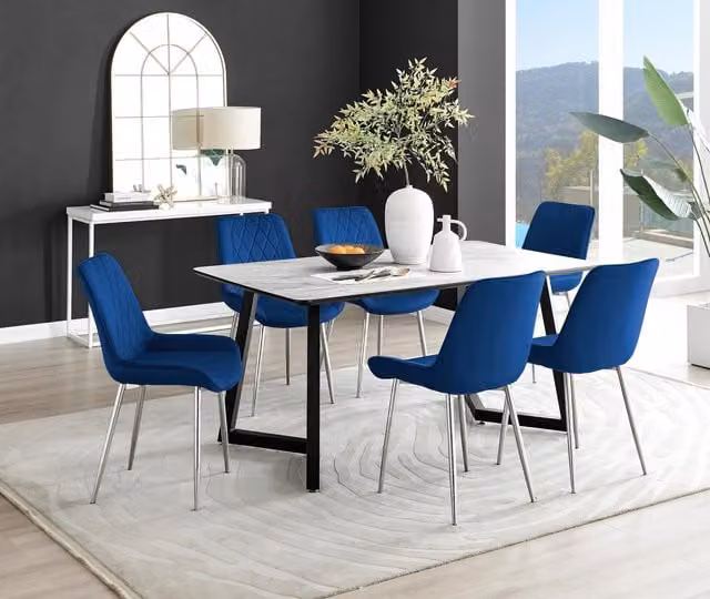 FurnitureboxUK Carson White Marble Effect Dining Table and 6 Pesaro Silver Chairs in Navy Blue
