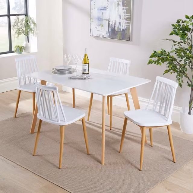Home Source Fleur Rectangular Dining Set with 4 Lucy Chairs in White