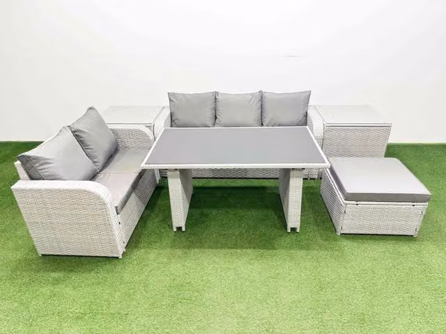 Fimous Garden Furniture Set with Rectangular Dining Table and 2 Side Tables in Light Grey