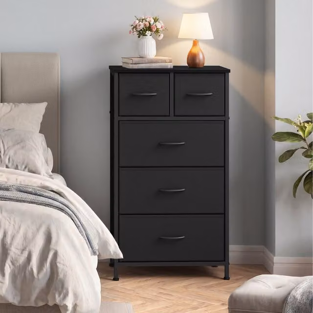 SONGMICS 5-Drawer Chest with Wooden Top and Steel Frame in Black