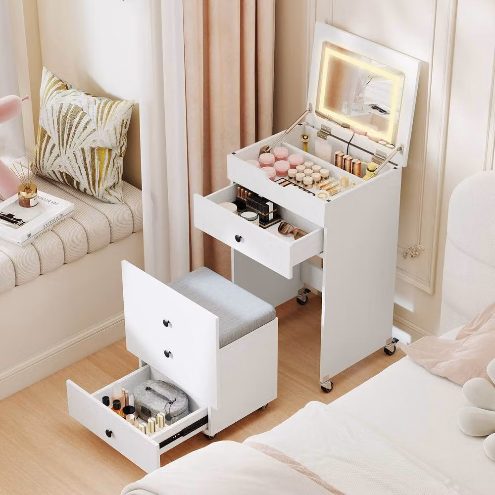 Costway 3-in-1 Vanity Desk Set with Flip-top Hollywood LED Mirror and Stool in White – 2