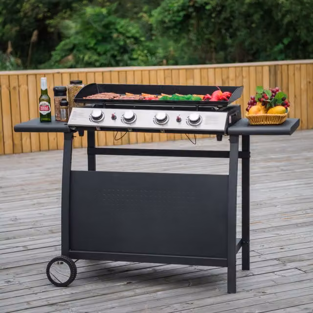 Callow 4 Burner Gas Griddle and Plancha with Stand and Side Tables, Black