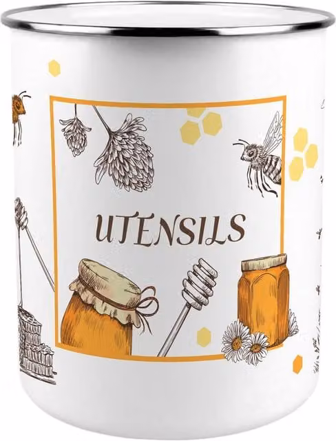 Purely Home Honey Bee Farm Kitchen Utensil Holder in Yellow and White