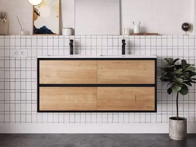 Vente-unique Industrial Wall-Mounted Vanity Unit in Light Natural and Black, W: 120 cm, D: 45.6 cm, H: 55 cm