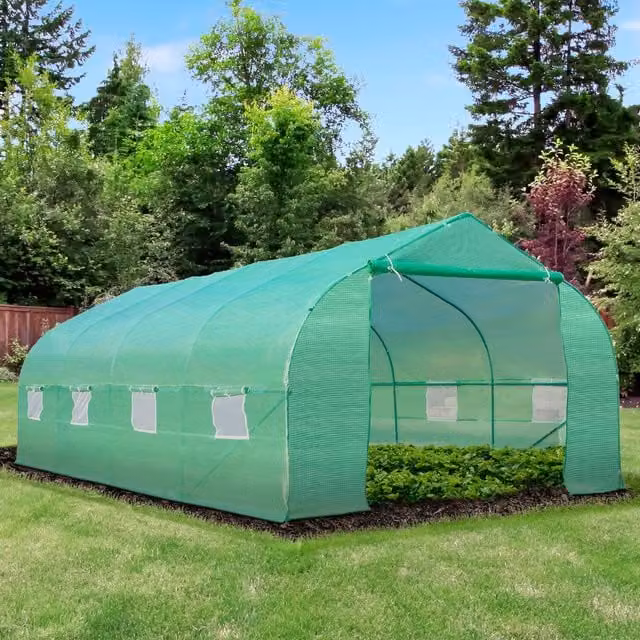 Outsunny Green Round Walk In Polytunnel Greenhouse with Zip Door and Windows