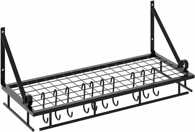 Garden Sanctuary Wall-Mounted Metal Pot Rack with Shelf and 10 Hooks in Black