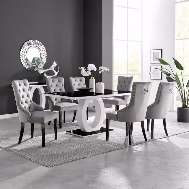 Giovani 6 Black Oval Glass Dining Table and 6 Belgravia Black Leg Chairs in Grey