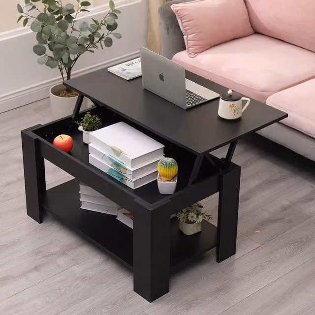 HMD Black and Grey Modern Lift-Up Top Coffee Table with Storage Shelf