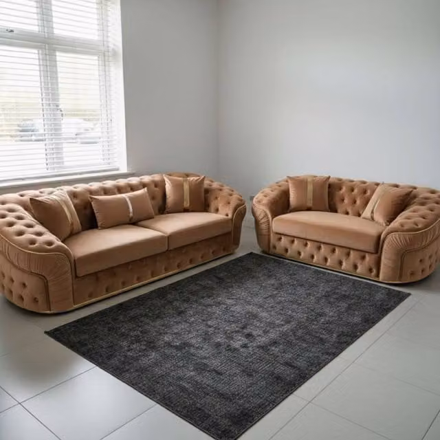 Stratus Interiors Ambassador 2+3 Sofa Set in Beige Velvet with Silver Trim