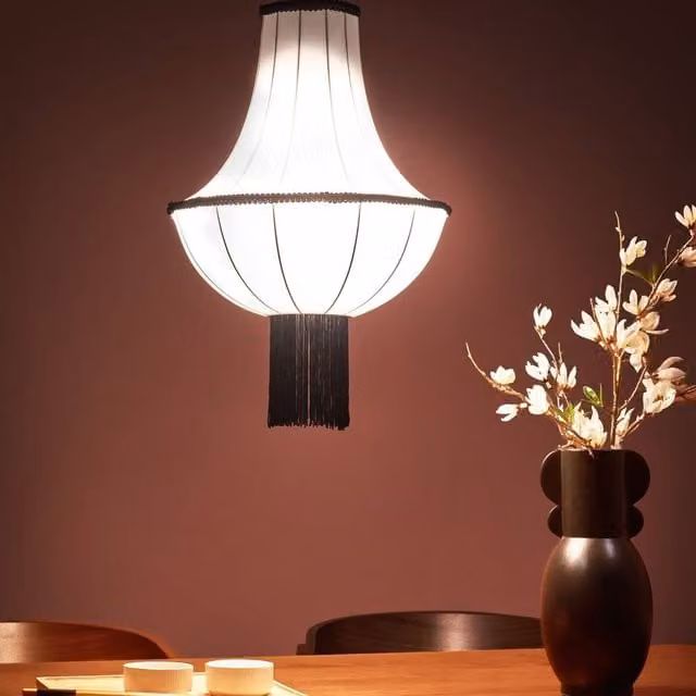 Wyld and Coco Heritage Vintage Pendant Lamp with White Shade, Black Trim and Tassels – 1