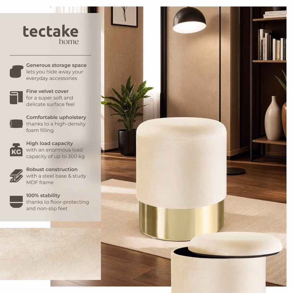tectake Sarina Round Padded Velvet Stool with Storage Space in Beige – 2