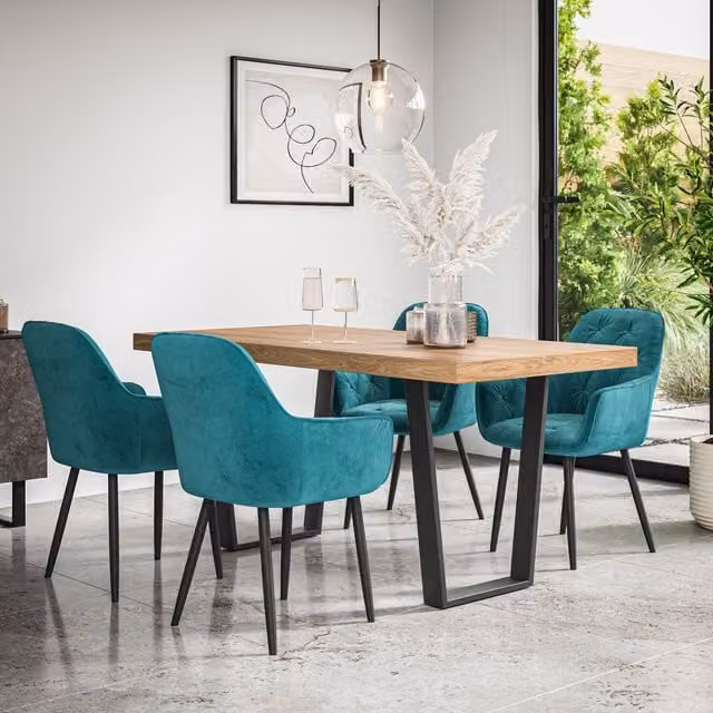 More4Homes Aria Dining Table and Anika Blue Velvet Chair Set, Oak Effect Table with Black Legs and 4 Chairs, W/D/H: 160 x 80 x 76 cm – 1