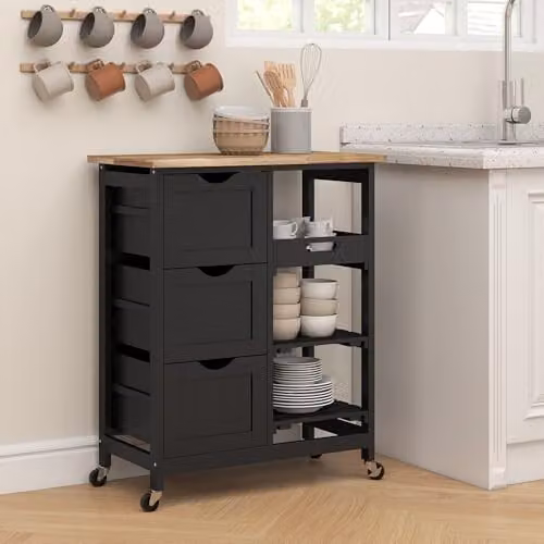 HOMCOM Modern Rolling Kitchen Island and Bar Serving Cart with Wood Top and Castors, Black or White, W: 67 cm, D: 37 cm, H: 85.5 cm – 7