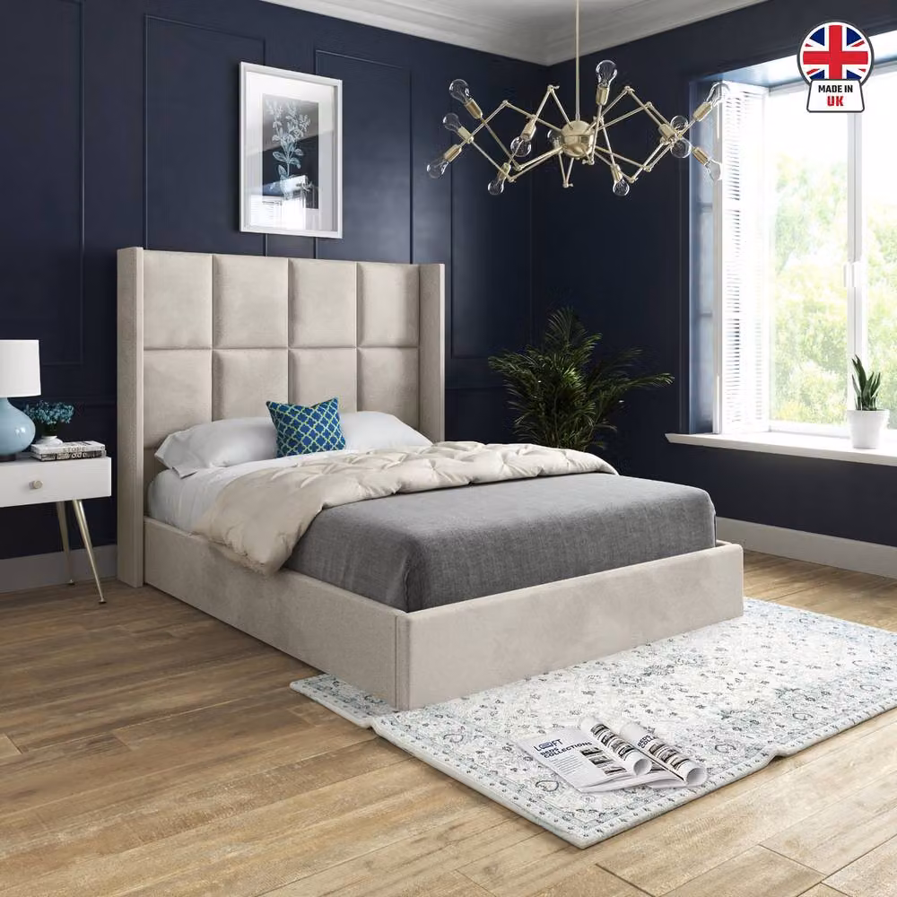 KDMD Sproatley Winged Upholstered Designer Bed Frame in Beige Soft Velvet, Super King Size (200 x 200 cm) – 3