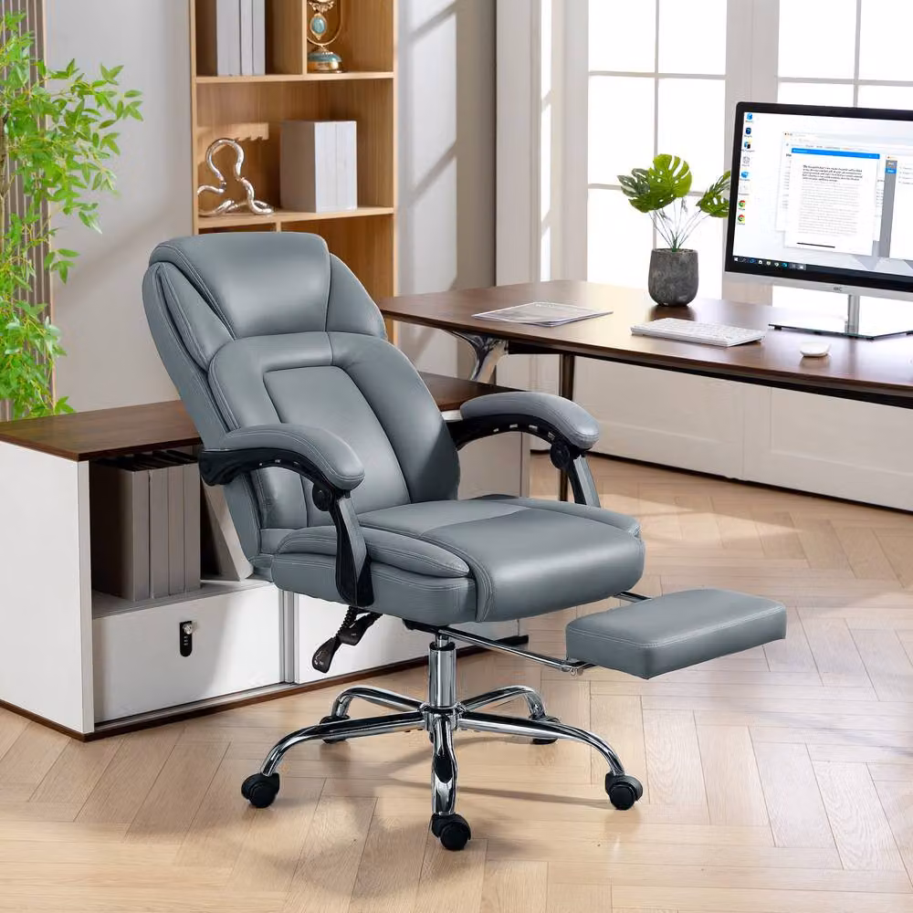 STILVORA Grey Faux Leather Reclining Executive Office Chair with Footrest and Headrest – 2