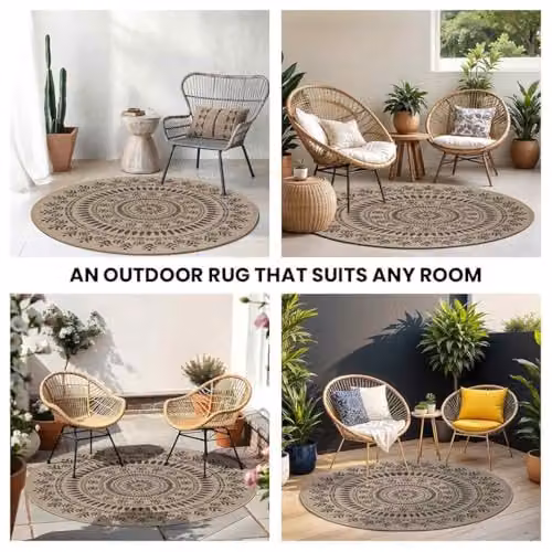 Livabliss Vera Round Boho Style Outdoor Carpet in Black and Beige, Diameter: 100 cm – 6