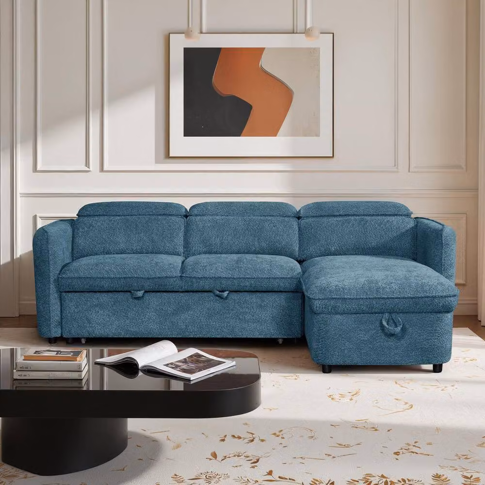 Furnishings For Less UK Ria L Shaped 4 Seater Fabric Corner Sofa Bed in Blue with Adjustable Headrests and Pull Out Frame W/D/H: 236 x 166 x 90 cm – 2